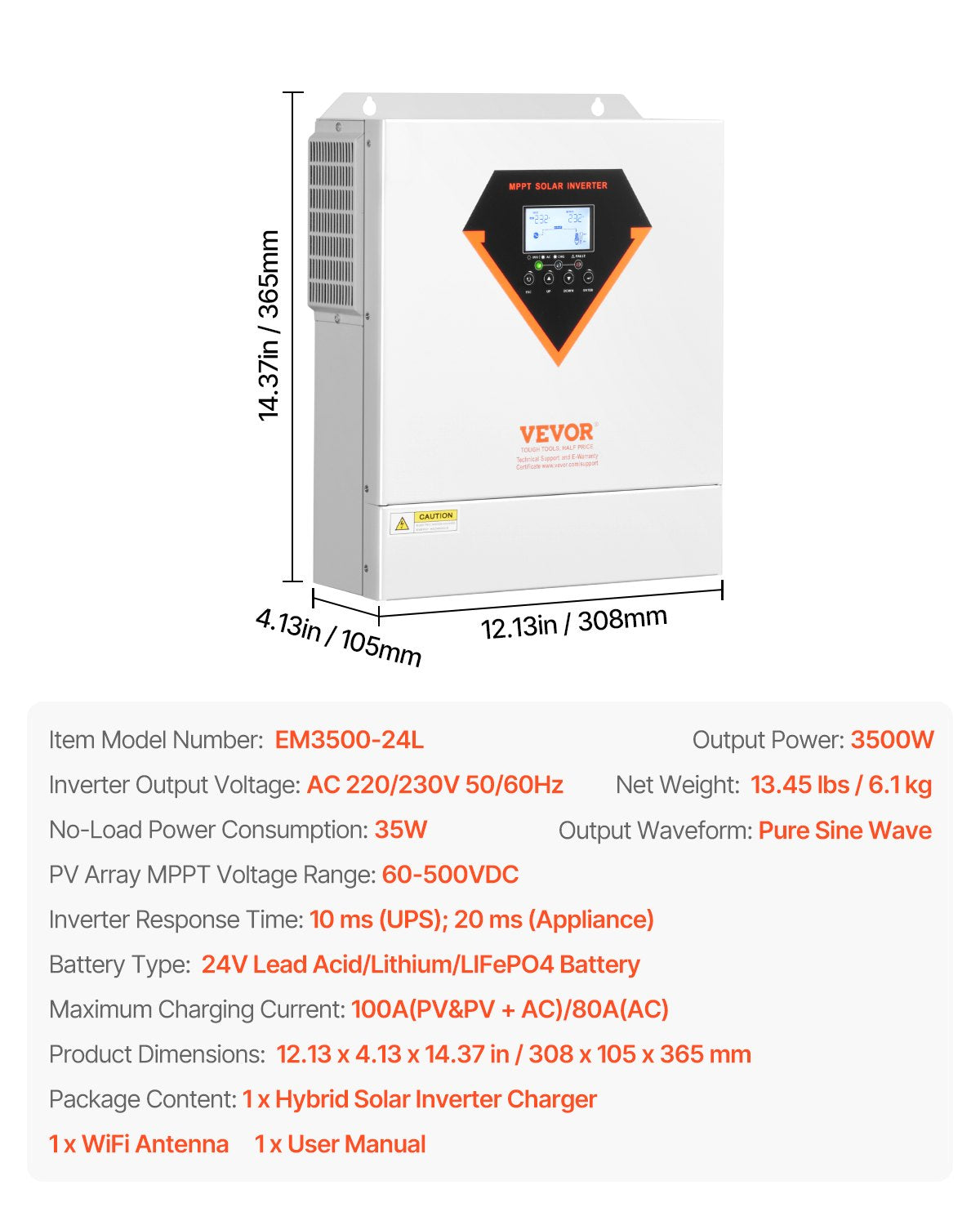 VEVOR Hybrid Solar Inverter, 3500W, All in One Pure Sine Wave Power Inverter Charger, 220V AC, with Built-in 100A MPPT Solar Charger Controller, for Off-Grid System Lead Acid Lithium Battery