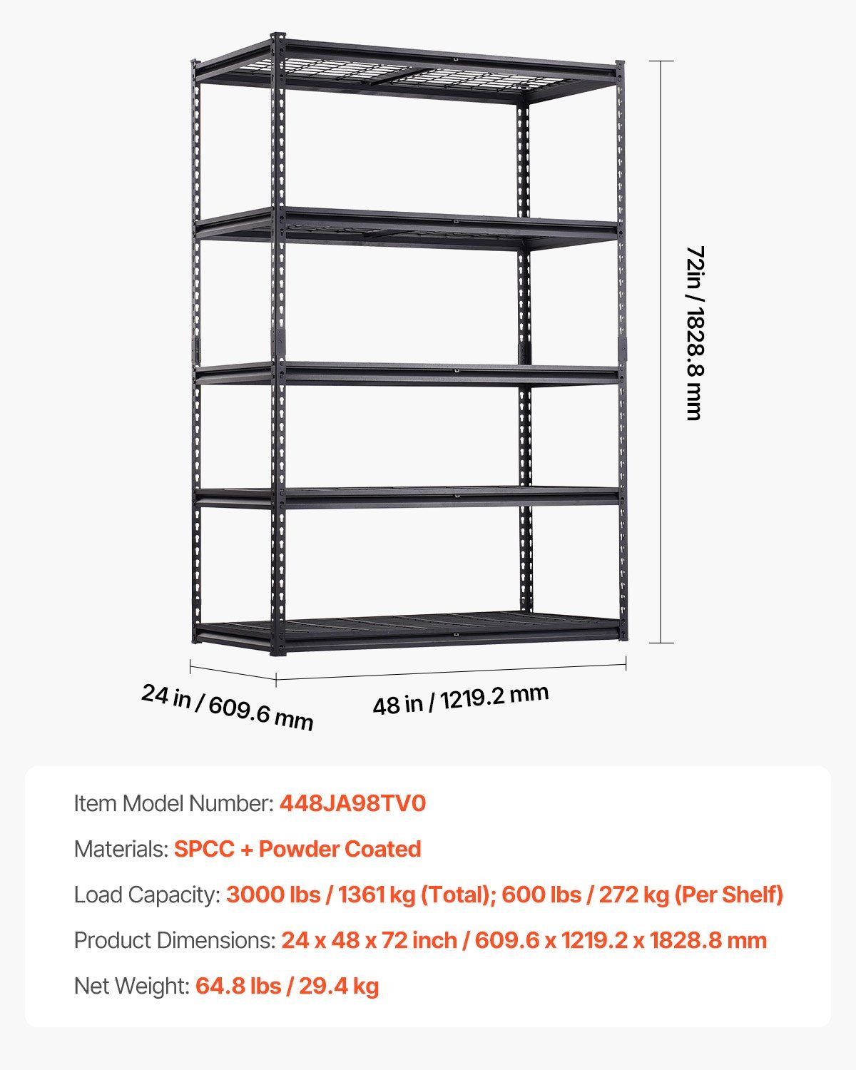 Storage Shelves, 1361 kg, 5 Tier Heavy Duty Garage Shelving, 609.6 x 1219.2 x 1828.8 mm Adjustable Metal Shelves for Industrial Shelving Unit Utility Shelf, for Kitchen, Warehouse, Basement