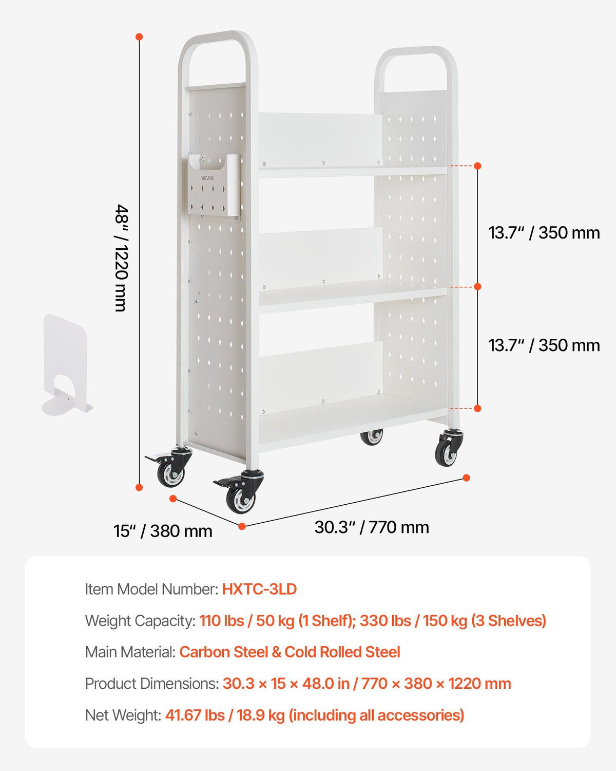 Rolling Library Book Cart, 150 kg Capacity, 77 x 38 x 122 cm Library Cart, Single Sided L-Shaped Shelves with 76.2 mm Lockable Wheels, Book Truck for Home Shelves Office and School, White