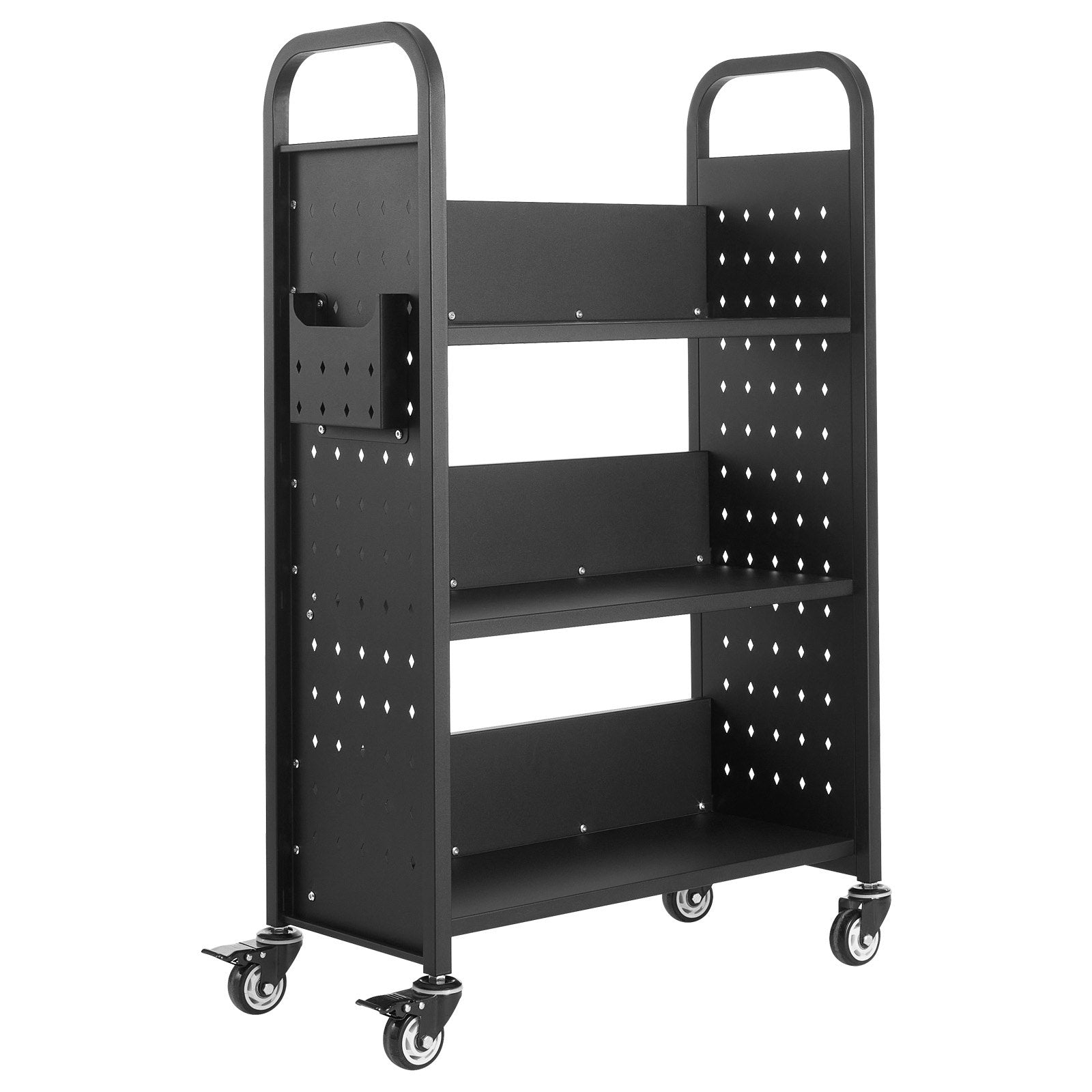 VEVOR Rolling Library Book Cart, 150 kg Capacity, 77 x 38 x 122 cm Library Cart, Single Sided L-Shaped Shelves with 76.2 mm Lockable Wheels, Book Truck for Home Shelves Office and School, Black