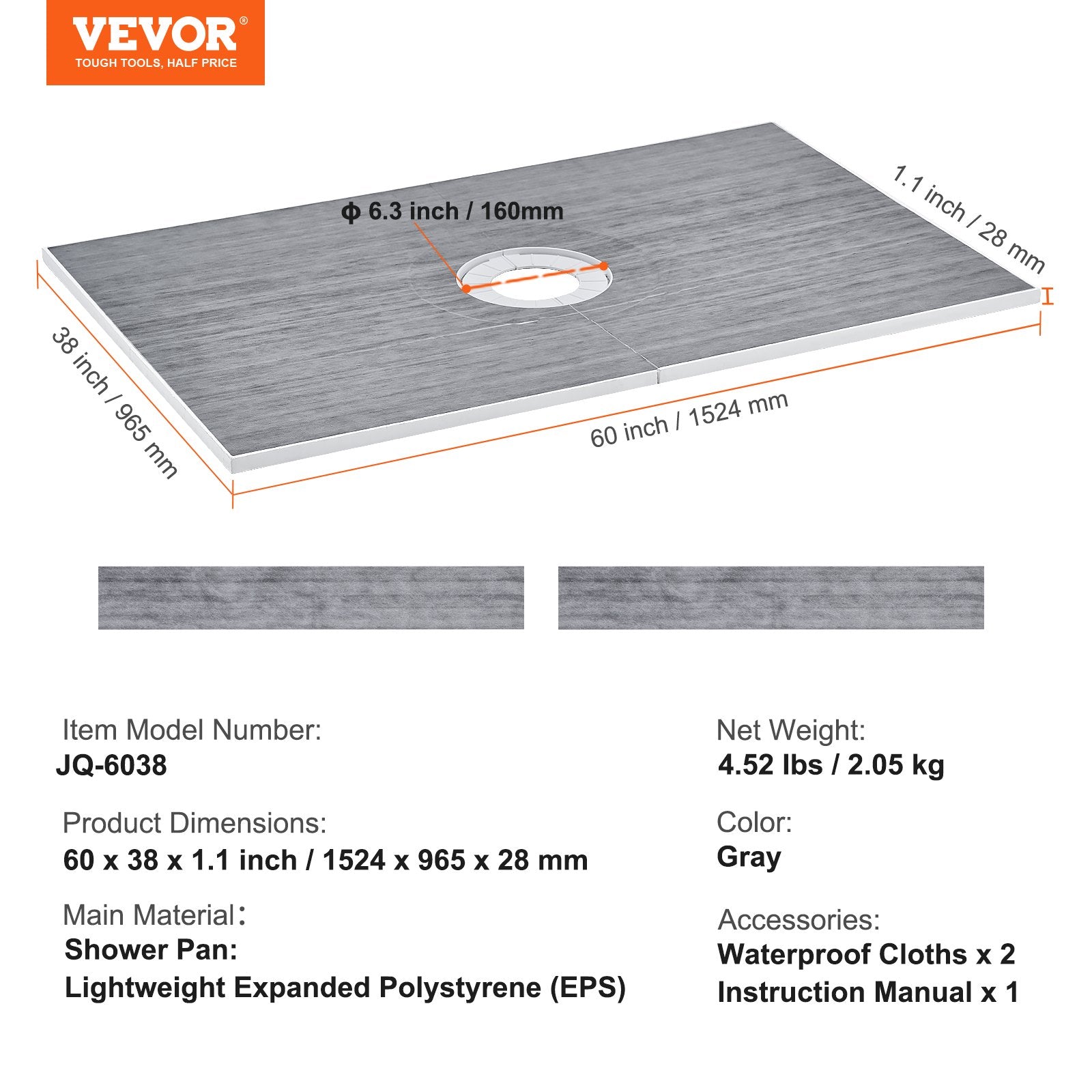 VEVOR Shower Curb Kit, 1524x965mm Shower Pan Kit with 160mm Central Drain, Lightweight EPS Shower Installation Kits with 2 Waterproof Cloths, Shower Pan Slope Sticks Fit for Bathroom