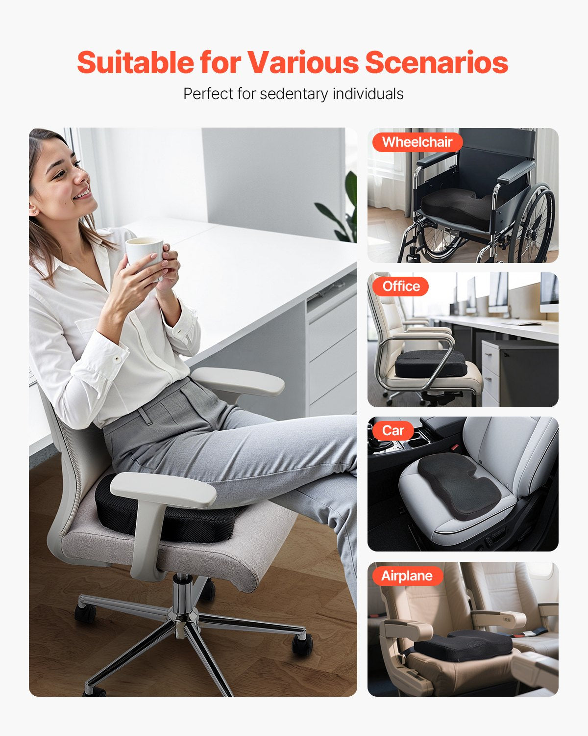 VEVOR Seat Cushion, Memory Foam Seat Chair Cushion for Pressure Relief, Soft & Breathable Wheelchair Seat Pad with Removable Cover for Travel, Office, Car, Airplane - Lightweight and Portable
