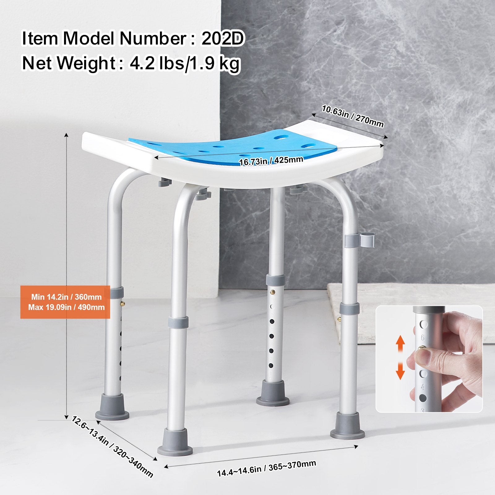 VEVOR Shower Chair, Adjustable Height Shower Stool, Shower Seat for Inside Shower or Tub, Non-Slip Bench Bathtub Stool Seat for Elderly Disabled Handicap, 158.8 kg Capacity