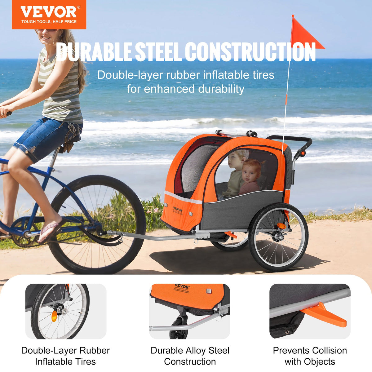 VEVOR Bike Trailer for Toddlers, Kids, Double Seat, 45 kg Load, 2-In-1 Canopy Carrier Converts to Stroller, Tow Behind Foldable Child Bicycle Trailer with Universal Bicycle Coupler, Orange and Gray