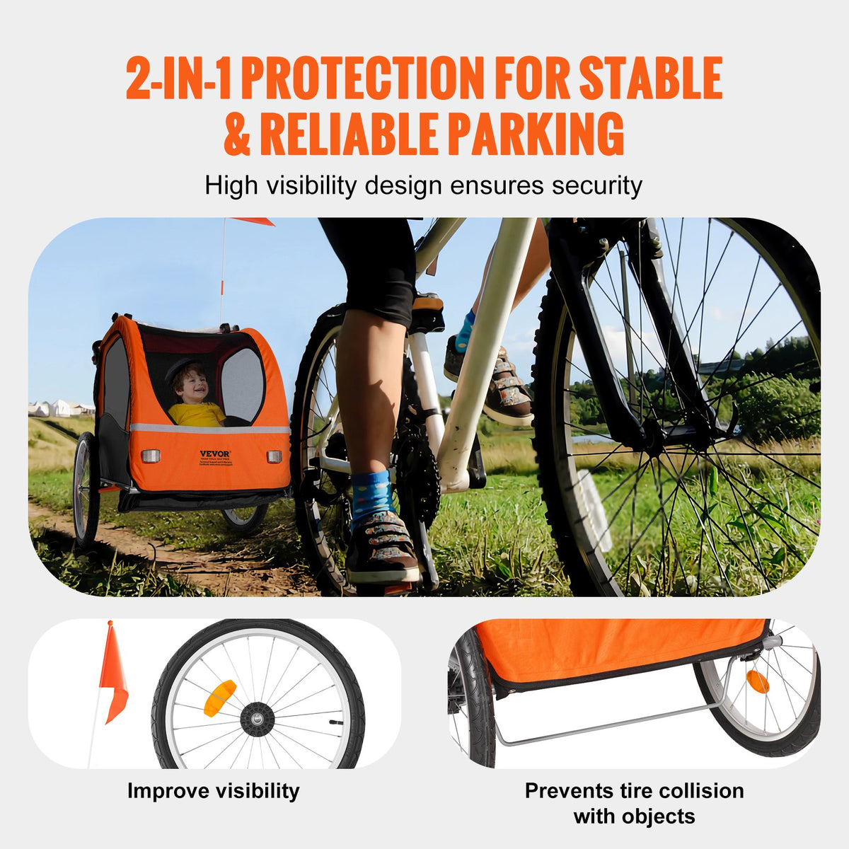 VEVOR Bike Trailer for Toddlers, Kids, Double Seat, 45 kg Load, 2-In-1 Canopy Carrier Converts to Stroller, Tow Behind Foldable Child Bicycle Trailer with Universal Bicycle Coupler, Orange and Gray