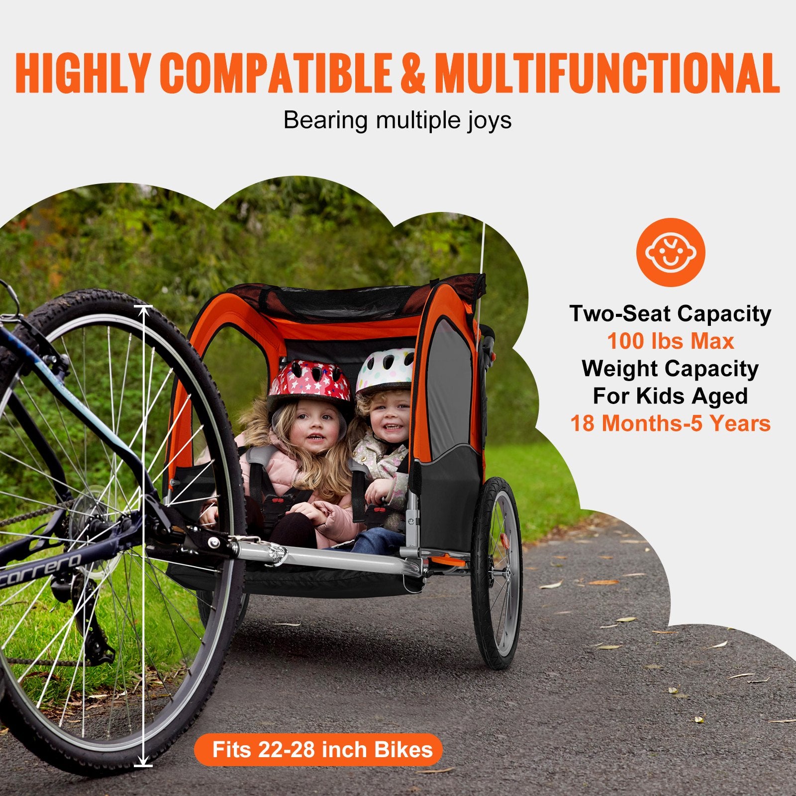 VEVOR Bike Trailer for Toddlers, Kids, Double Seat, 45 kg Load, 2-In-1 Canopy Carrier Converts to Stroller, Tow Behind Foldable Child Bicycle Trailer with Universal Bicycle Coupler, Orange and Gray