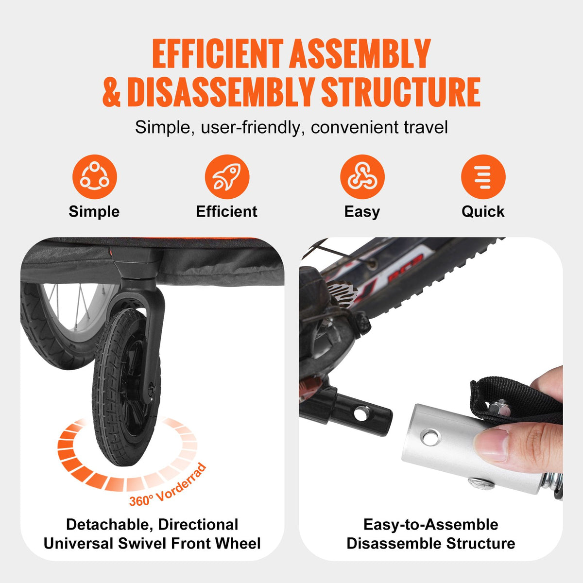 VEVOR Bike Trailer for Toddlers, Kids, Double Seat, 45 kg Load, 2-In-1 Canopy Carrier Converts to Stroller, Tow Behind Foldable Child Bicycle Trailer with Universal Bicycle Coupler, Orange and Gray