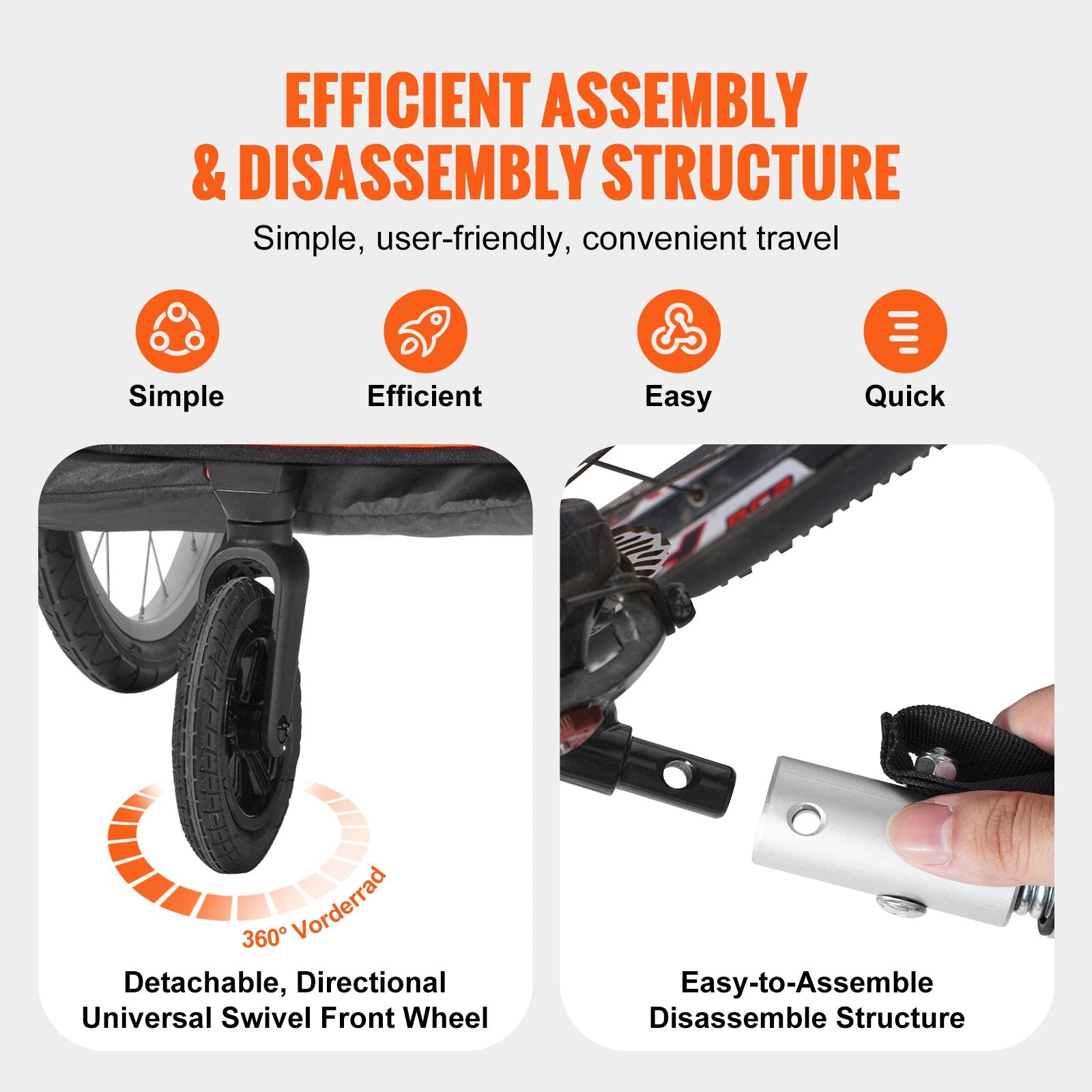 VEVOR Bike Trailer for Toddlers, Kids, Double Seat, 45 kg Load, 2-In-1 Canopy Carrier Converts to Stroller, Tow Behind Foldable Child Bicycle Trailer with Universal Bicycle Coupler, Orange and Gray
