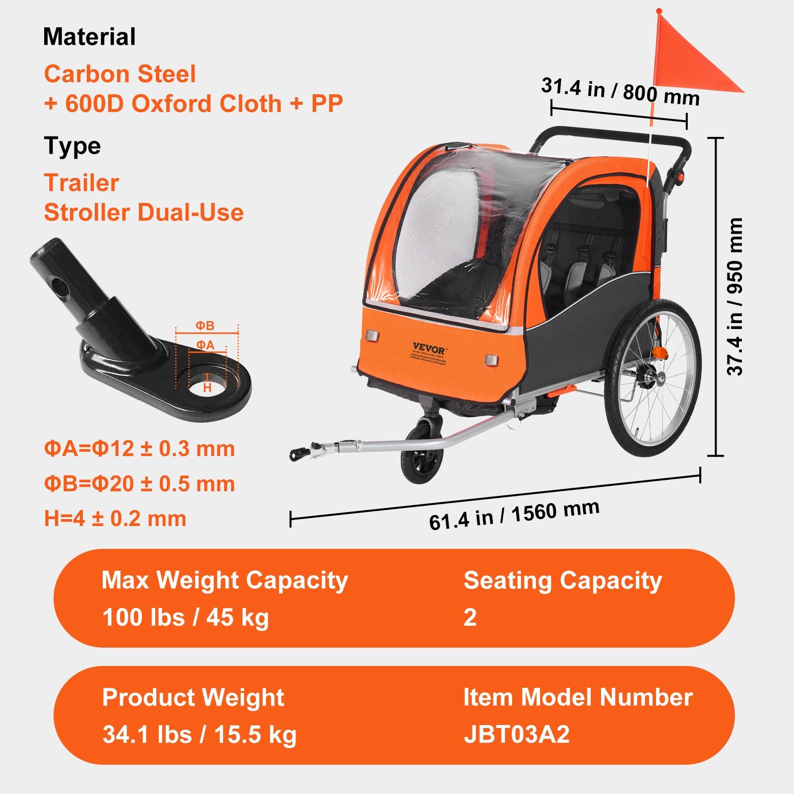 VEVOR Bike Trailer for Toddlers, Kids, Double Seat, 45 kg Load, 2-In-1 Canopy Carrier Converts to Stroller, Tow Behind Foldable Child Bicycle Trailer with Universal Bicycle Coupler, Orange and Gray