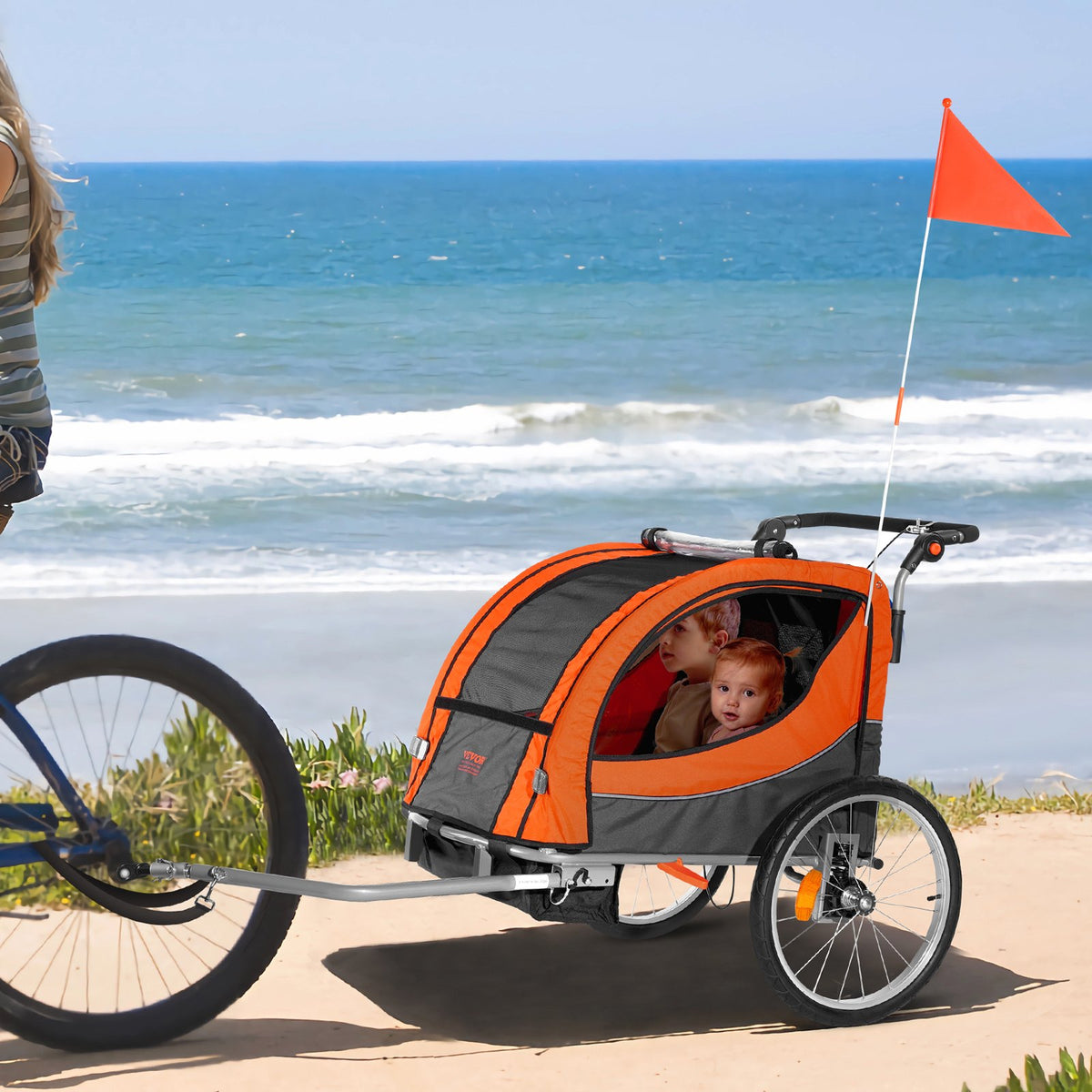 VEVOR Bike Trailer for Toddlers, Kids, Double Seat, 45 kg Load, 2-In-1 Canopy Carrier Converts to Stroller, Tow Behind Foldable Child Bicycle Trailer with Universal Bicycle Coupler, Orange and Gray