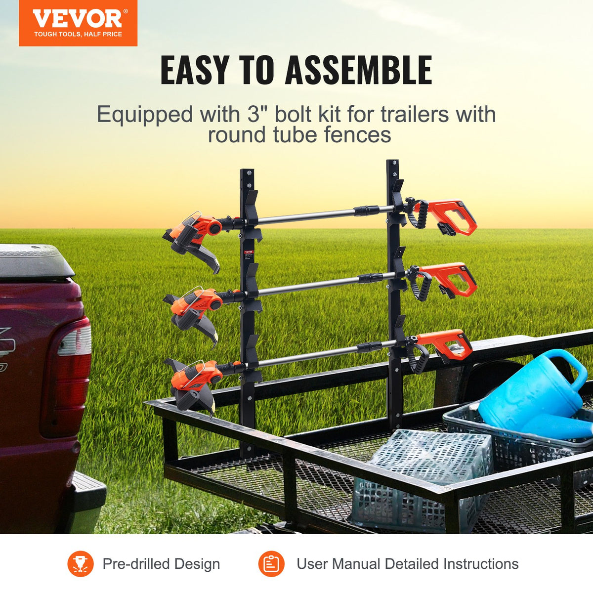 VEVOR 3-Place Weeder Trimmer Rack Holder for Open Landscape Trailer Lockable