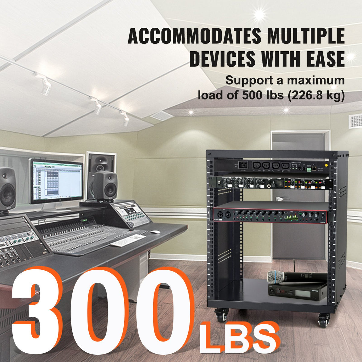 VEVOR 12U AV Rack Stand, 136.08kg Capacity, Network Stereo Recording Studio Rack with Lockable Caster Wheels Round & Square Holes, Special Vent for 482.6 mm Audio Video Musical & IT Equipment Mounting