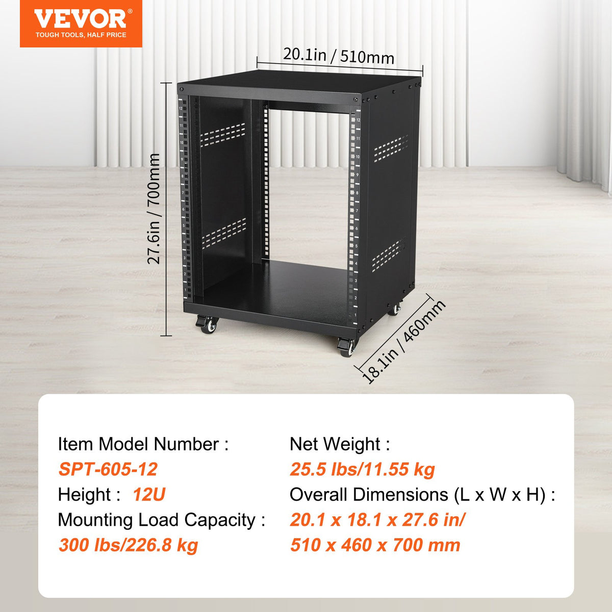VEVOR 12U AV Rack Stand, 136.08kg Capacity, Network Stereo Recording Studio Rack with Lockable Caster Wheels Round & Square Holes, Special Vent for 482.6 mm Audio Video Musical & IT Equipment Mounting