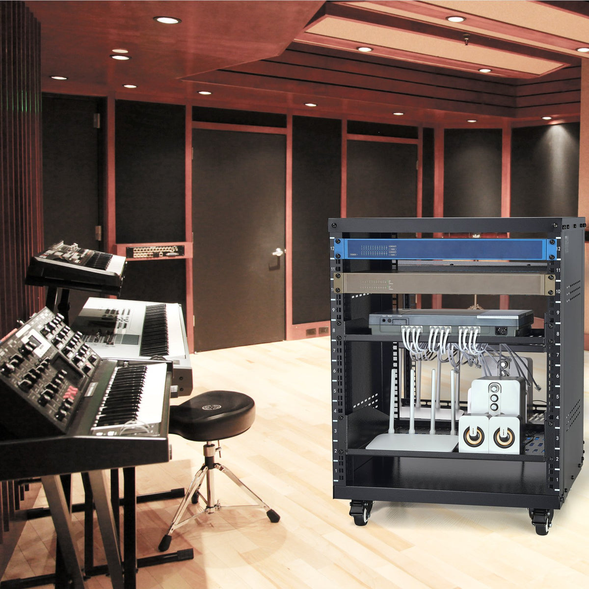 VEVOR 12U AV Rack Stand, 136.08kg Capacity, Network Stereo Recording Studio Rack with Lockable Caster Wheels Round & Square Holes, Special Vent for 482.6 mm Audio Video Musical & IT Equipment Mounting