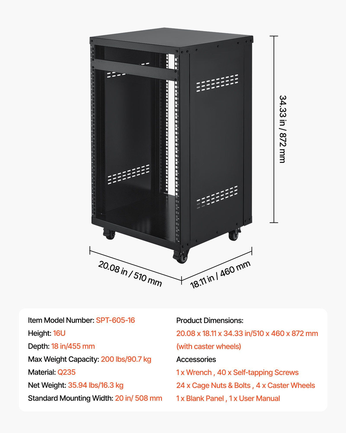 16U AV Rack, 90.7 kg Max Load Capacity, Home Recording Studio Rack with Lockable Caster Wheels, Open Frame Server Cabinet, Special Vent Design, for Audio Video Musical & IT Equipment Mounting