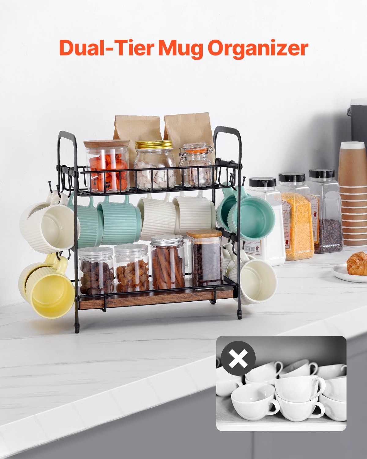 VEVOR 2 Tier Coffee Bar Organizer for Countertop w/ 12 Movable Hooks Mug Holder