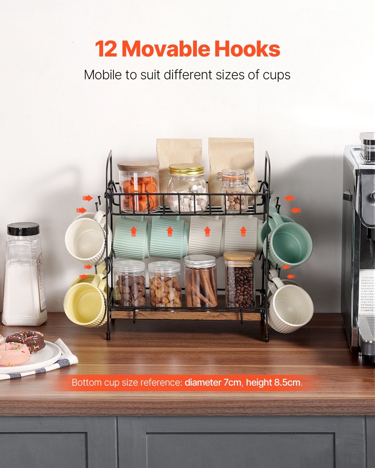 VEVOR 2 Tier Coffee Bar Organizer for Countertop w/ 12 Movable Hooks Mug Holder