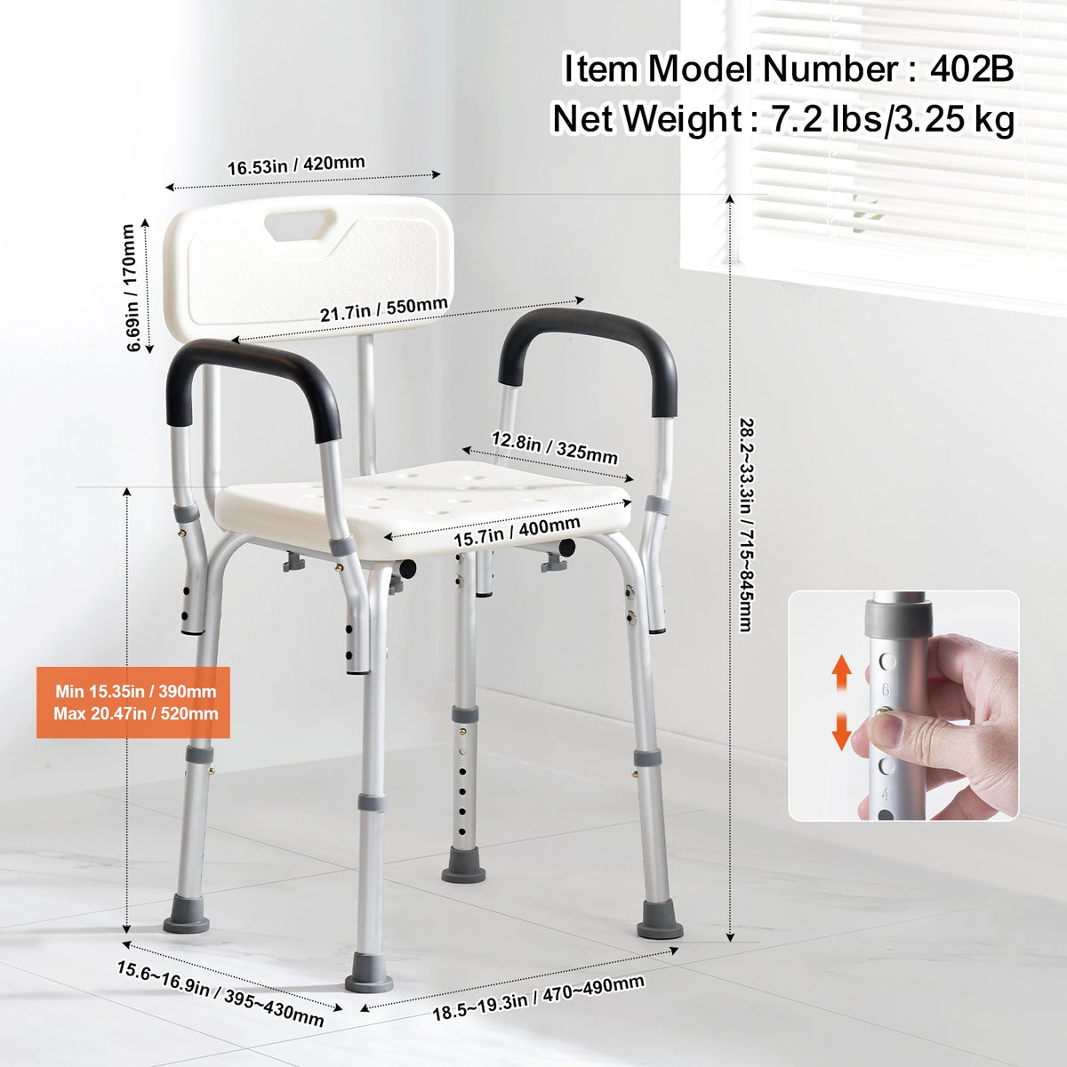 VEVOR Shower Chair, Shower Seat with Back, Adjustable Height Shower Stool, Shower Chair for Inside Shower Bathtub, Non-slip Bathroom Bench Bath Chair for Elderly Disabled Handicap, 158.8 kg Capacity