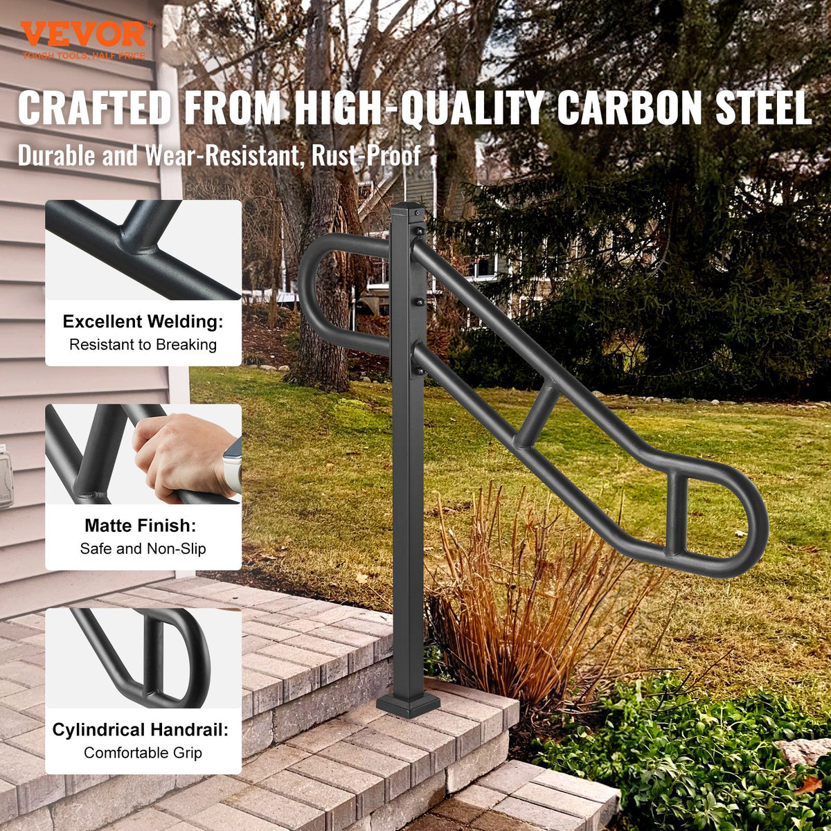VEVOR Single Post Handrail for Outdoor 1-3 Steps, 40.5" L x 35.4" H Metal Bent Stair Handrails, Floor Mounted Carbon Steel Stair Railing, U-Shaped Post Grab Rails with 2 Anti-Skid Crossbar for Garage
