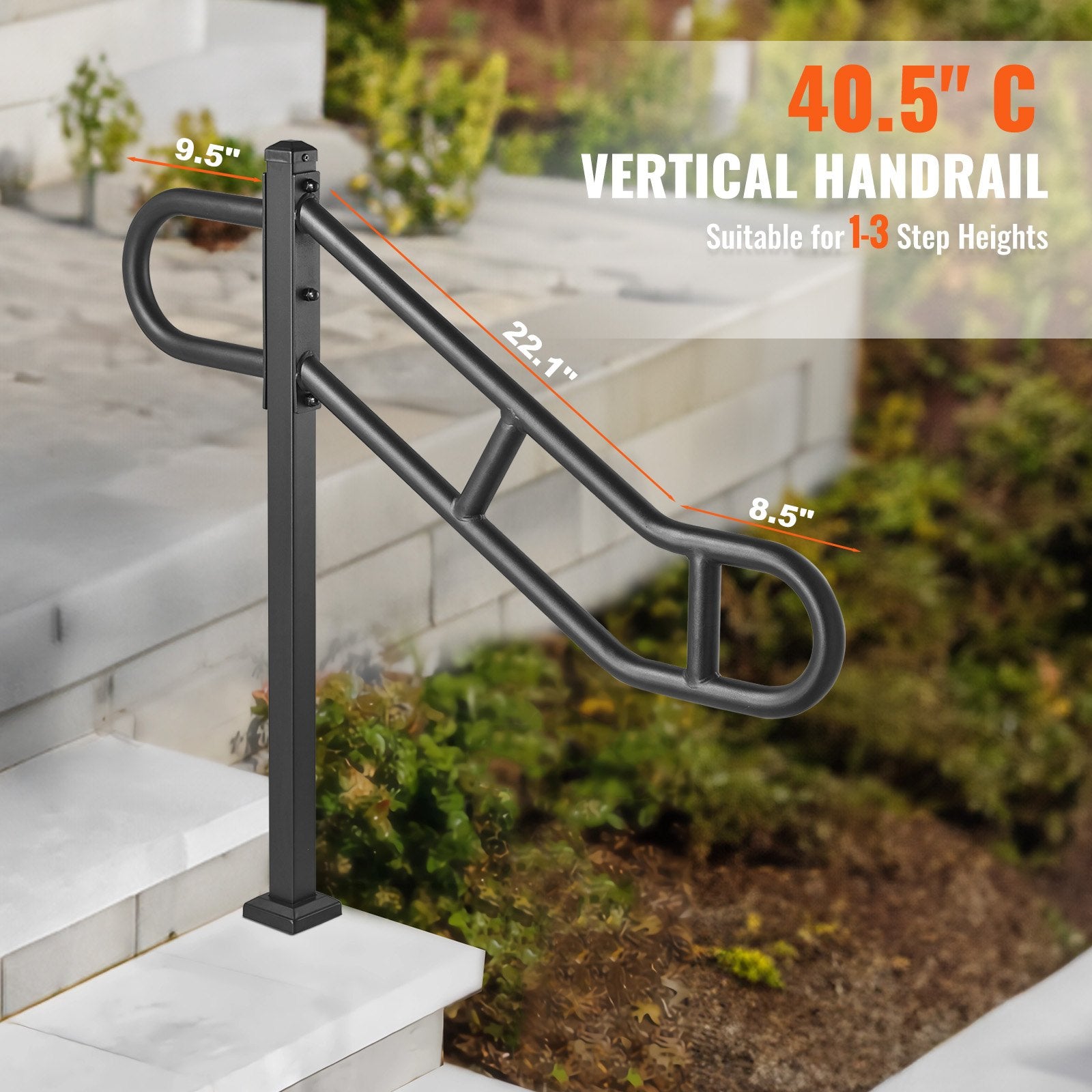 VEVOR Single Post Handrail for Outdoor 1-3 Steps, 40.5" L x 35.4" H Metal Bent Stair Handrails, Floor Mounted Carbon Steel Stair Railing, U-Shaped Post Grab Rails with 2 Anti-Skid Crossbar for Garage