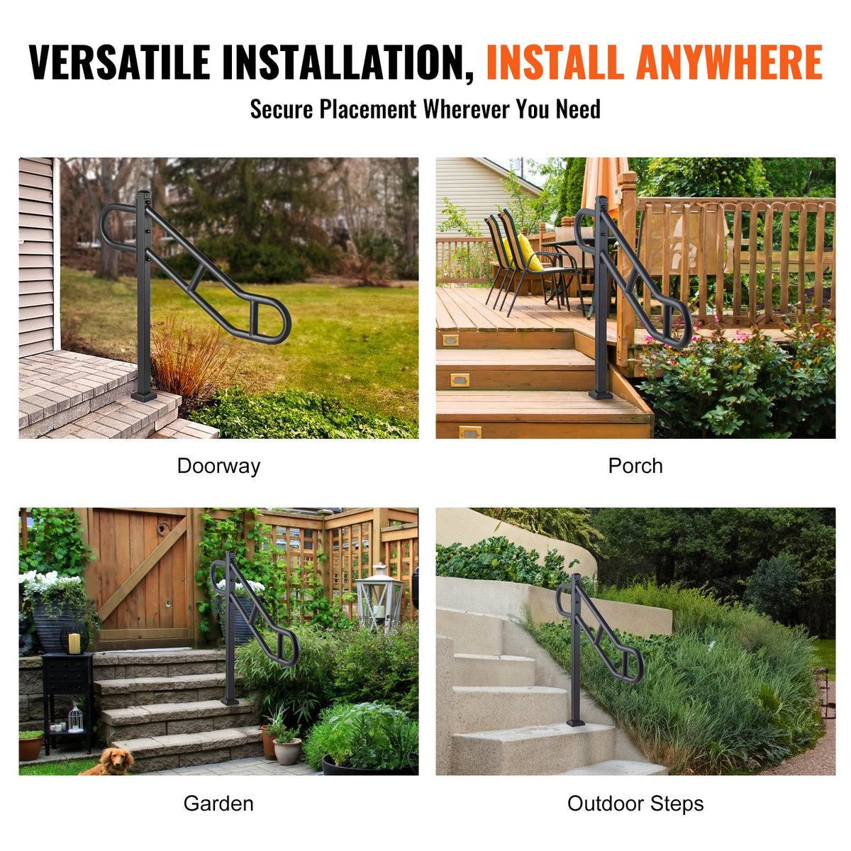 VEVOR Single Post Handrail for Outdoor 1-3 Steps, 40.5" L x 35.4" H Metal Bent Stair Handrails, Floor Mounted Carbon Steel Stair Railing, U-Shaped Post Grab Rails with 2 Anti-Skid Crossbar for Garage