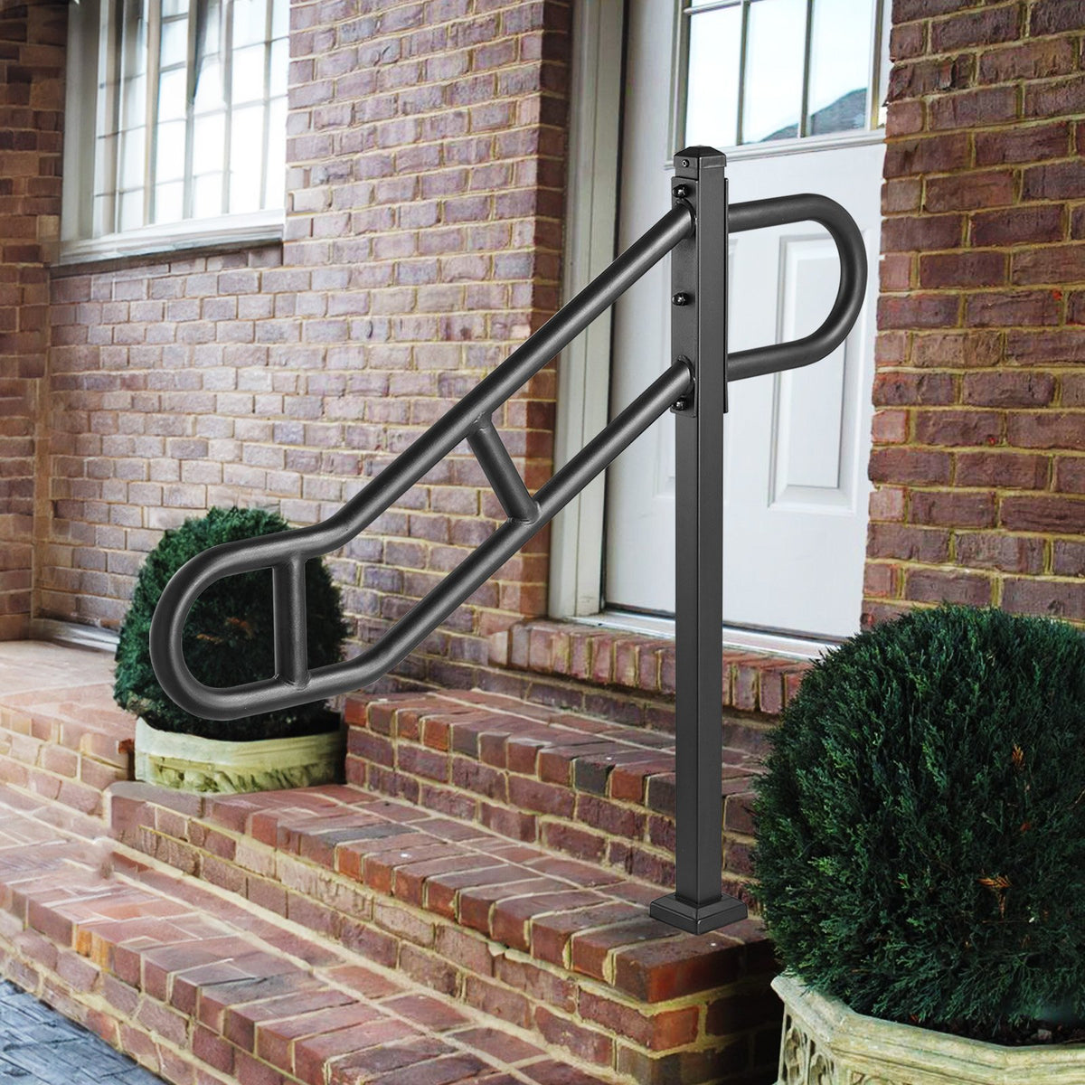 VEVOR Single Post Handrail for Outdoor 1-3 Steps, 40.5" L x 35.4" H Metal Bent Stair Handrails, Floor Mounted Carbon Steel Stair Railing, U-Shaped Post Grab Rails with 2 Anti-Skid Crossbar for Garage