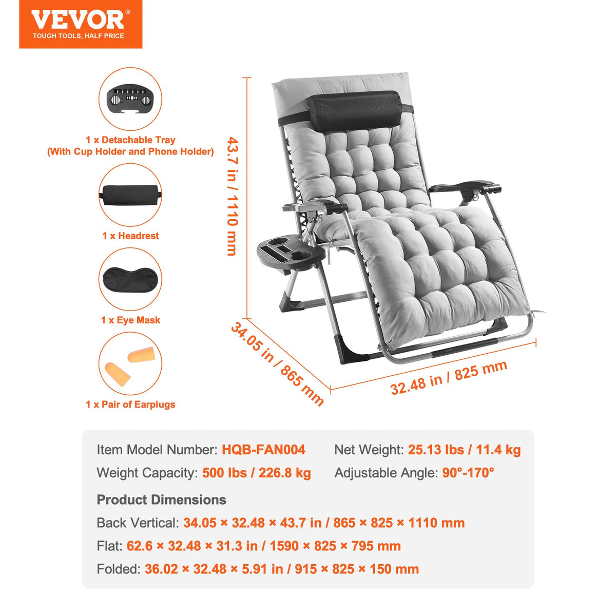 VEVOR Zero Gravity Chair, 33 inch Zero Gravity Recliner Lounge Chair for Indoor and Outdoor, Adjustable Anti Gravity Chair with Cushion, Headrest, Footrest, and Cupholder, 500 lbs, Gray