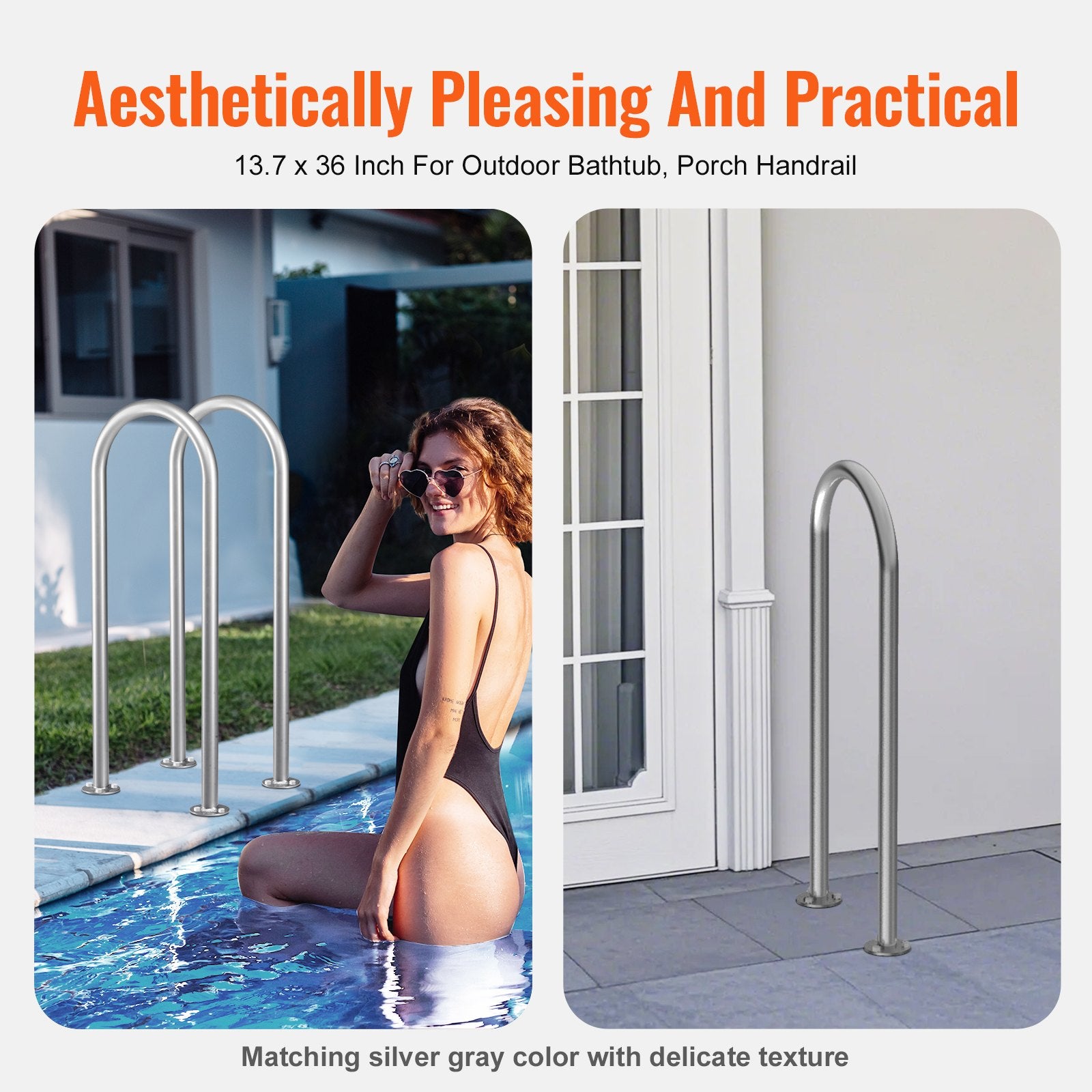 VEVOR Pool Handrail,36 x 13 inch Pool Railing, Aluminum with Base Plate for Indoor/Outdoor Pools, Humanized Swimming Pool Safety Railing for Decks, Rust-Proof Grab Bar with Accessories for Spas Docks