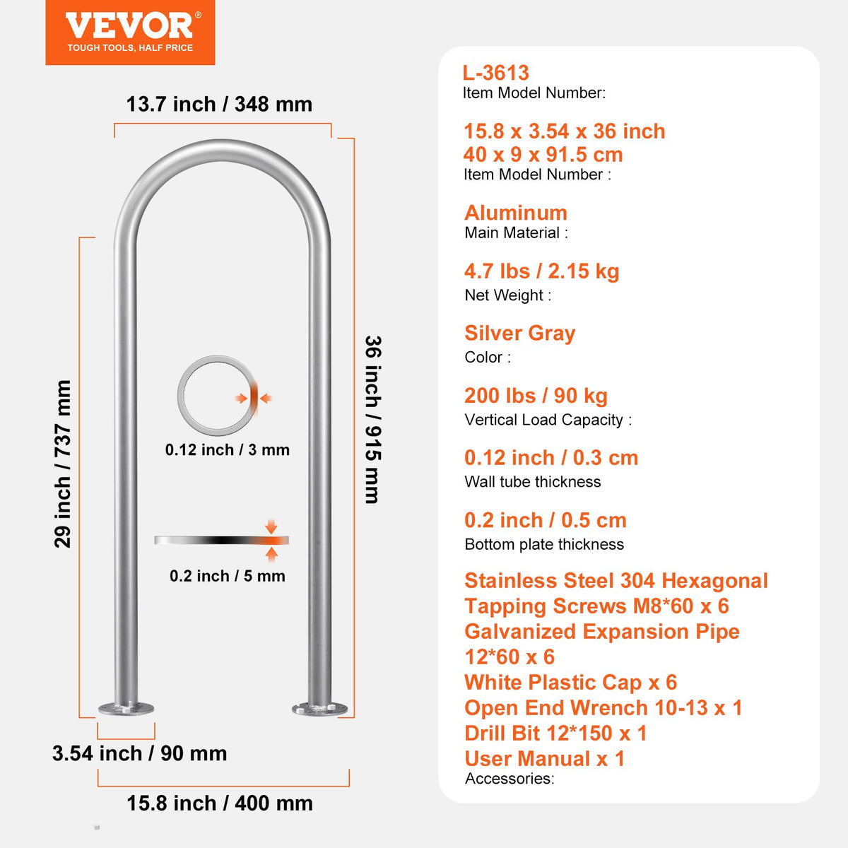 VEVOR Pool Handrail,36 x 13 inch Pool Railing, Aluminum with Base Plate for Indoor/Outdoor Pools, Humanized Swimming Pool Safety Railing for Decks, Rust-Proof Grab Bar with Accessories for Spas Docks