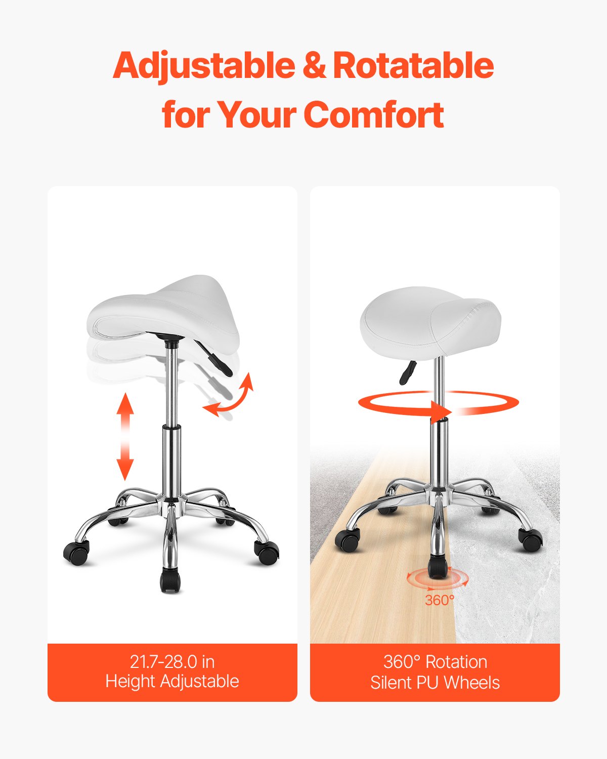 VEVOR Saddle Rolling Stool, PU Leather Rolling Stool with Wheels, 360° Swivel Drafting Stool with Thickened Cushion, Height Adjustable Rolling Work SPA Stool, for Office, Home, Salon & Bar, White