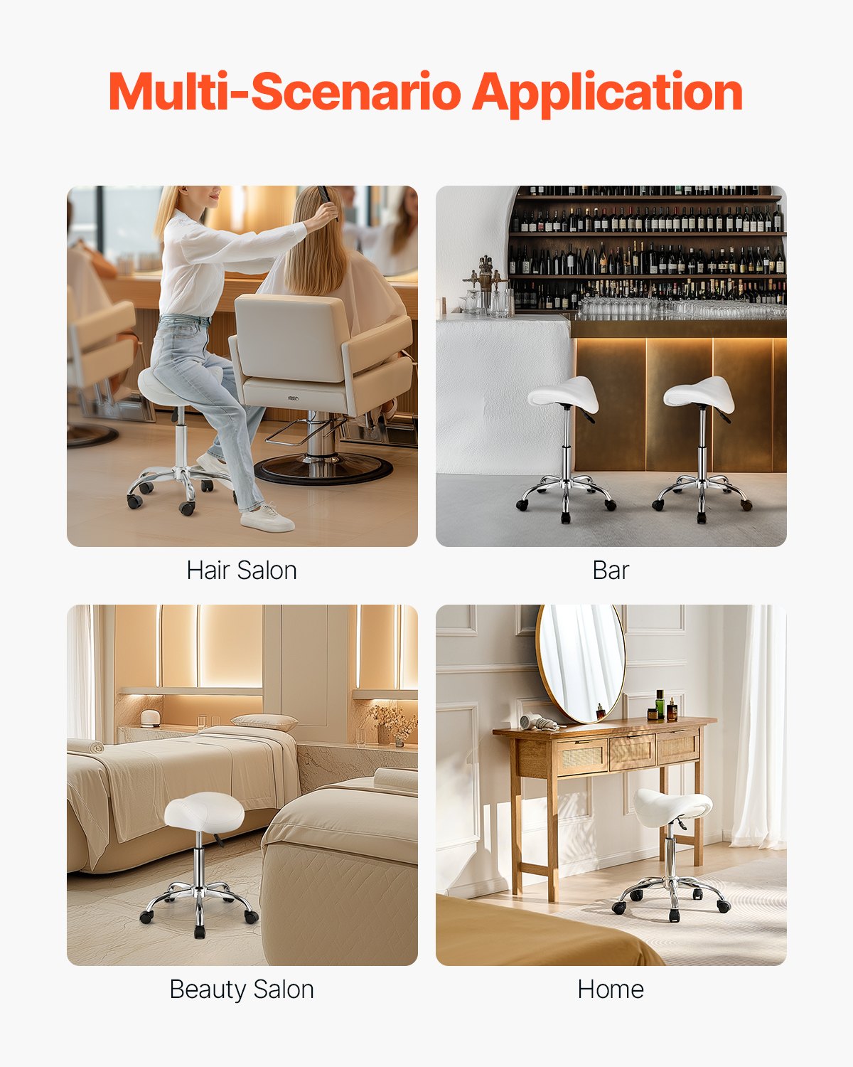 VEVOR Saddle Rolling Stool, PU Leather Rolling Stool with Wheels, 360° Swivel Drafting Stool with Thickened Cushion, Height Adjustable Rolling Work SPA Stool, for Office, Home, Salon & Bar, White