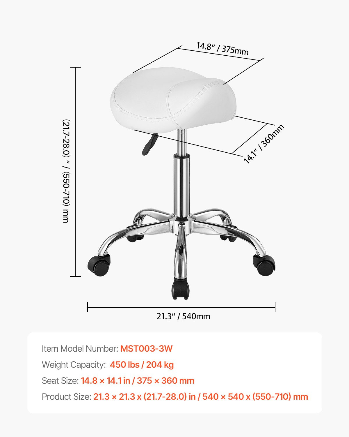 VEVOR Saddle Rolling Stool, PU Leather Rolling Stool with Wheels, 360° Swivel Drafting Stool with Thickened Cushion, Height Adjustable Rolling Work SPA Stool, for Office, Home, Salon & Bar, White
