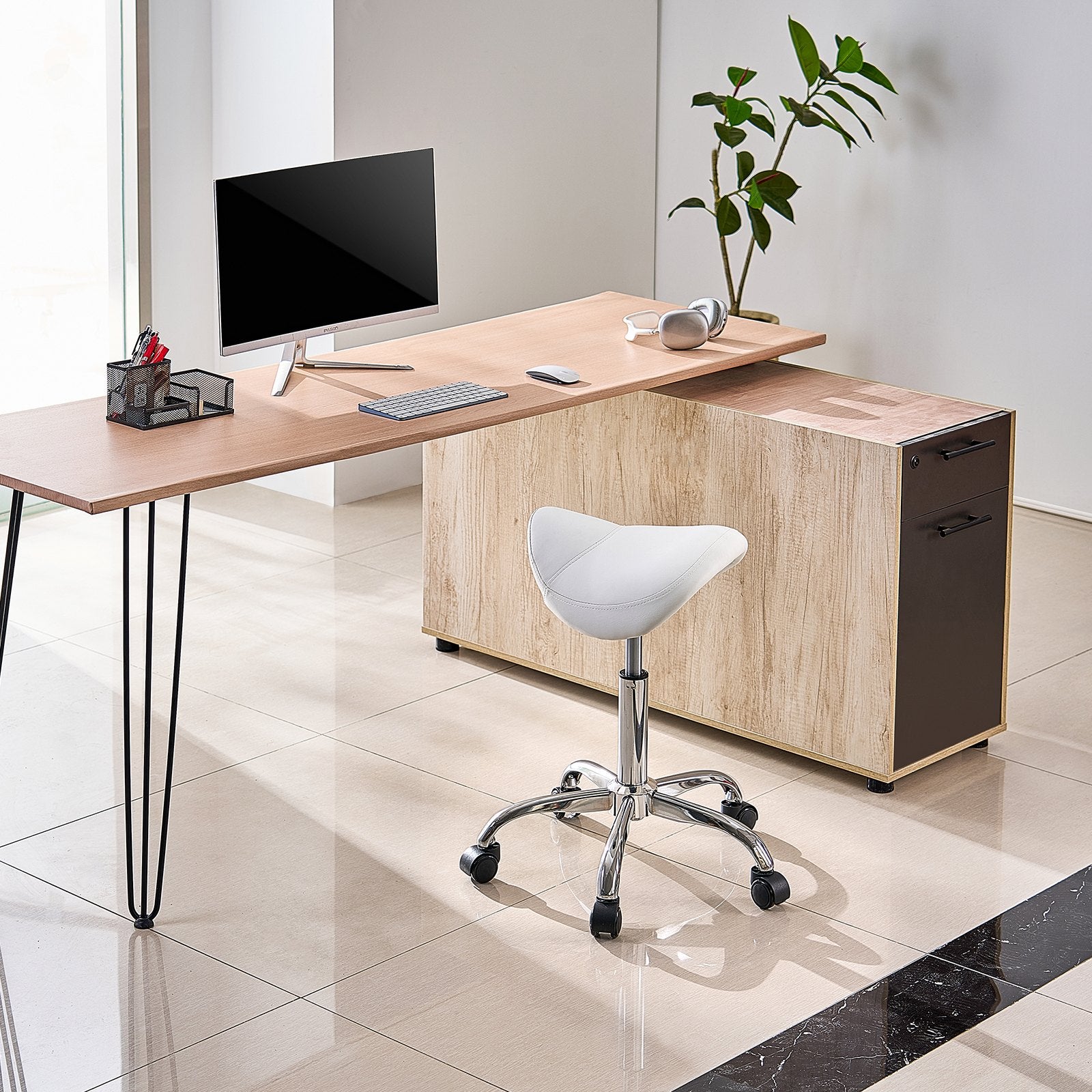 VEVOR Saddle Rolling Stool, PU Leather Rolling Stool with Wheels, 360° Swivel Drafting Stool with Thickened Cushion, Height Adjustable Rolling Work SPA Stool, for Office, Home, Salon & Bar, White