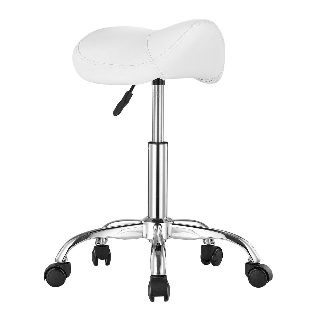 VEVOR Saddle Rolling Stool, PU Leather Rolling Stool with Wheels, 360° Swivel Drafting Stool with Thickened Cushion, Height Adjustable Rolling Work SPA Stool, for Office, Home, Salon & Bar, White