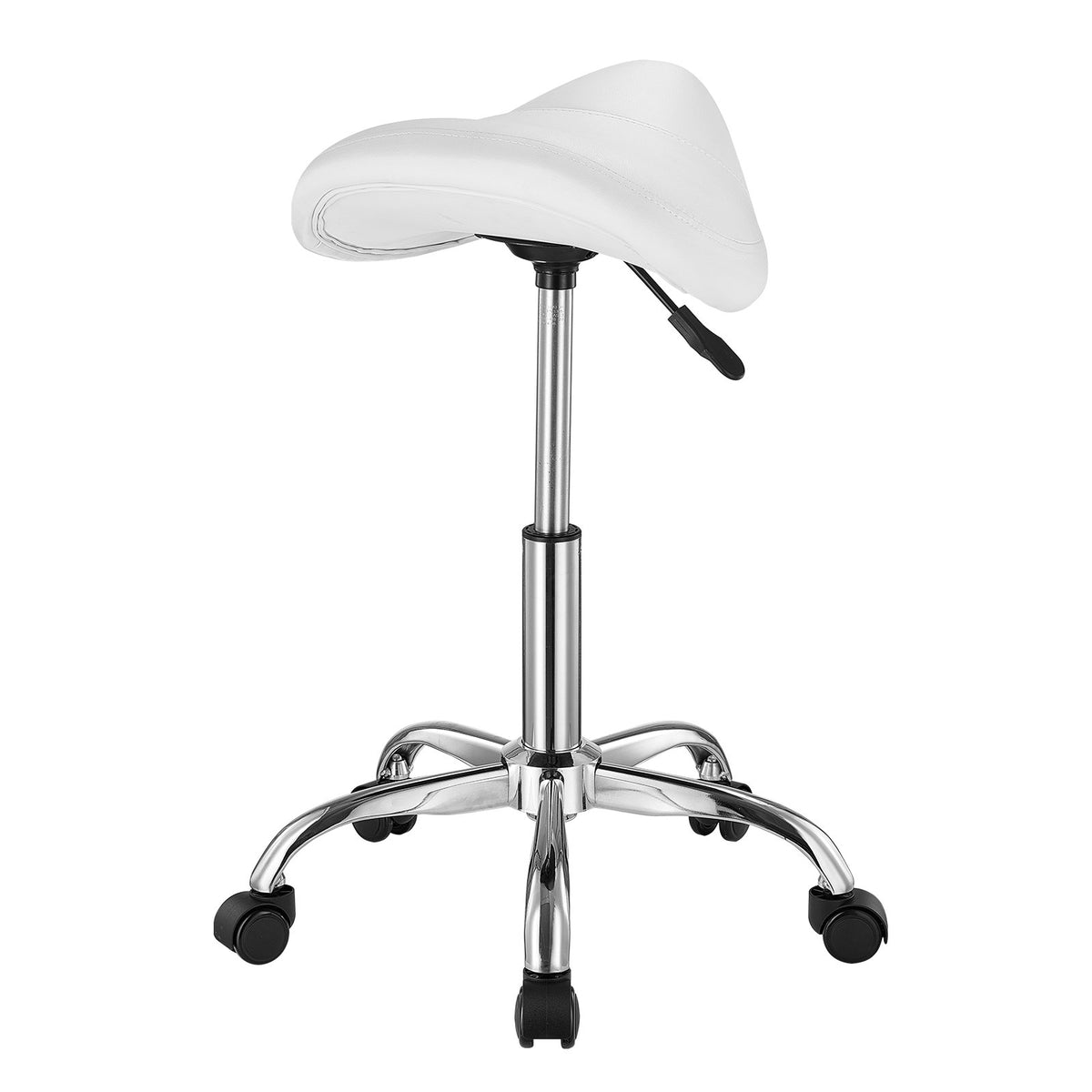 VEVOR Saddle Rolling Stool, PU Leather Rolling Stool with Wheels, 360° Swivel Drafting Stool with Thickened Cushion, Height Adjustable Rolling Work SPA Stool, for Office, Home, Salon & Bar, White