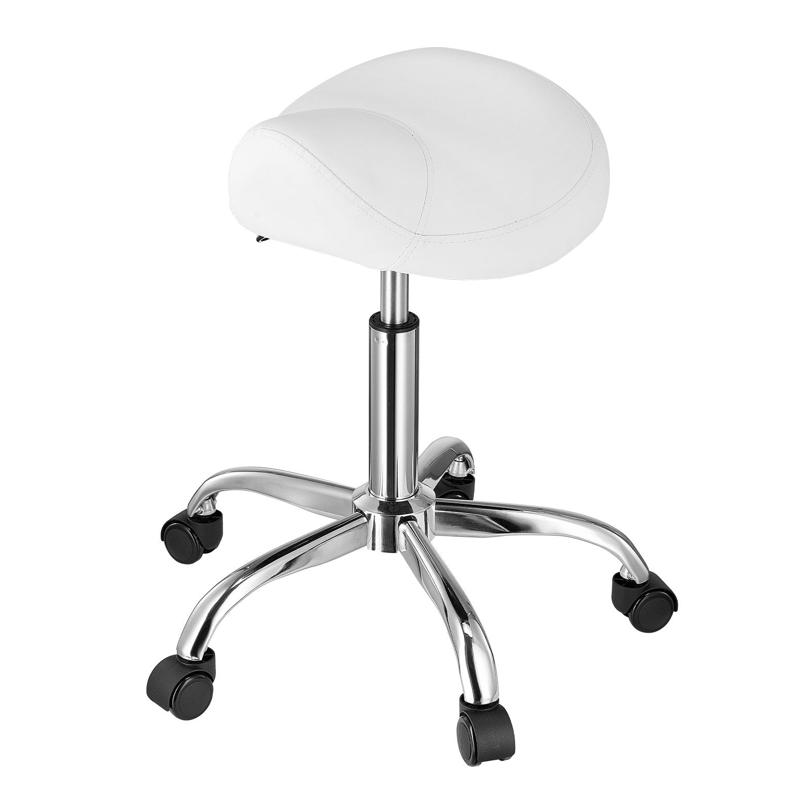 VEVOR Saddle Rolling Stool, PU Leather Rolling Stool with Wheels, 360° Swivel Drafting Stool with Thickened Cushion, Height Adjustable Rolling Work SPA Stool, for Office, Home, Salon & Bar, White