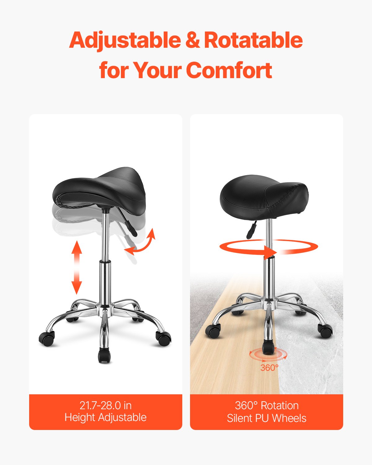 VEVOR Saddle Rolling Stool, PU Leather Rolling Stool with Wheels, 360° Swivel Drafting Stool with Thickened Cushion, Height Adjustable Rolling Work SPA Stool, for Office, Home, Salon & Bar, Black