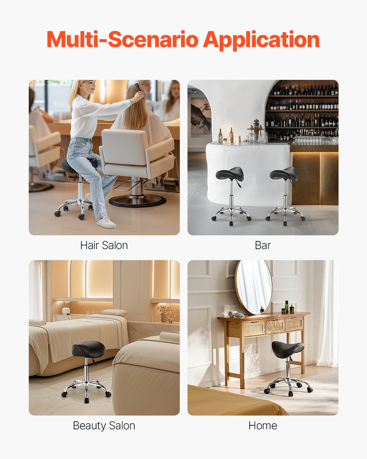 VEVOR Saddle Rolling Stool, PU Leather Rolling Stool with Wheels, 360° Swivel Drafting Stool with Thickened Cushion, Height Adjustable Rolling Work SPA Stool, for Office, Home, Salon & Bar, Black