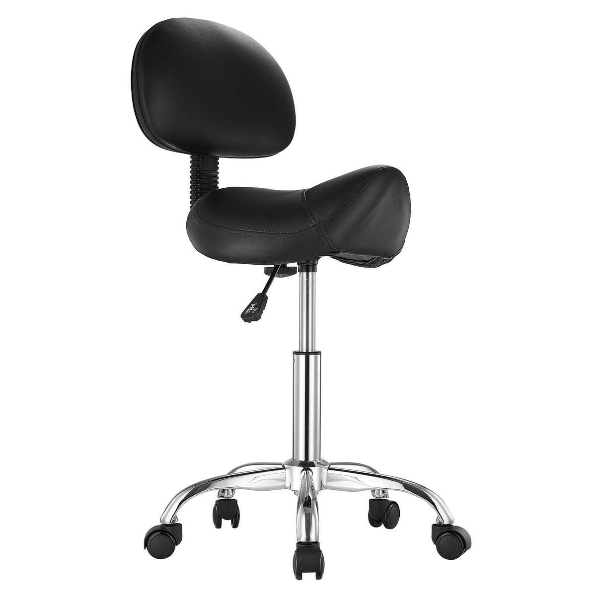 Saddle Rolling Stool, PU Leather Rolling Stool with Backrest, 360° Swivel Drafting Stool with Thickened Cushion, Height Adjustable Rolling Work SPA Stool, for Office, Home, Salon &amp; Bar, Black