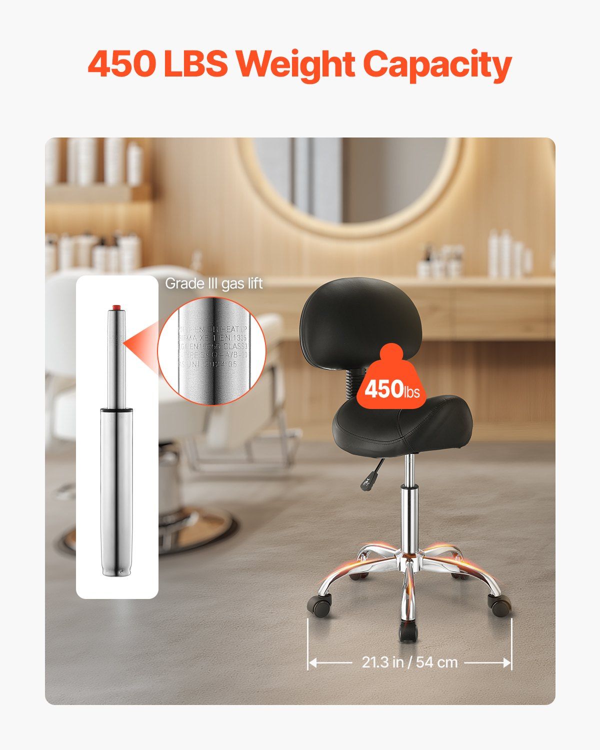 Saddle Rolling Stool, PU Leather Rolling Stool with Backrest, 360° Swivel Drafting Stool with Thickened Cushion, Height Adjustable Rolling Work SPA Stool, for Office, Home, Salon & Bar, Black