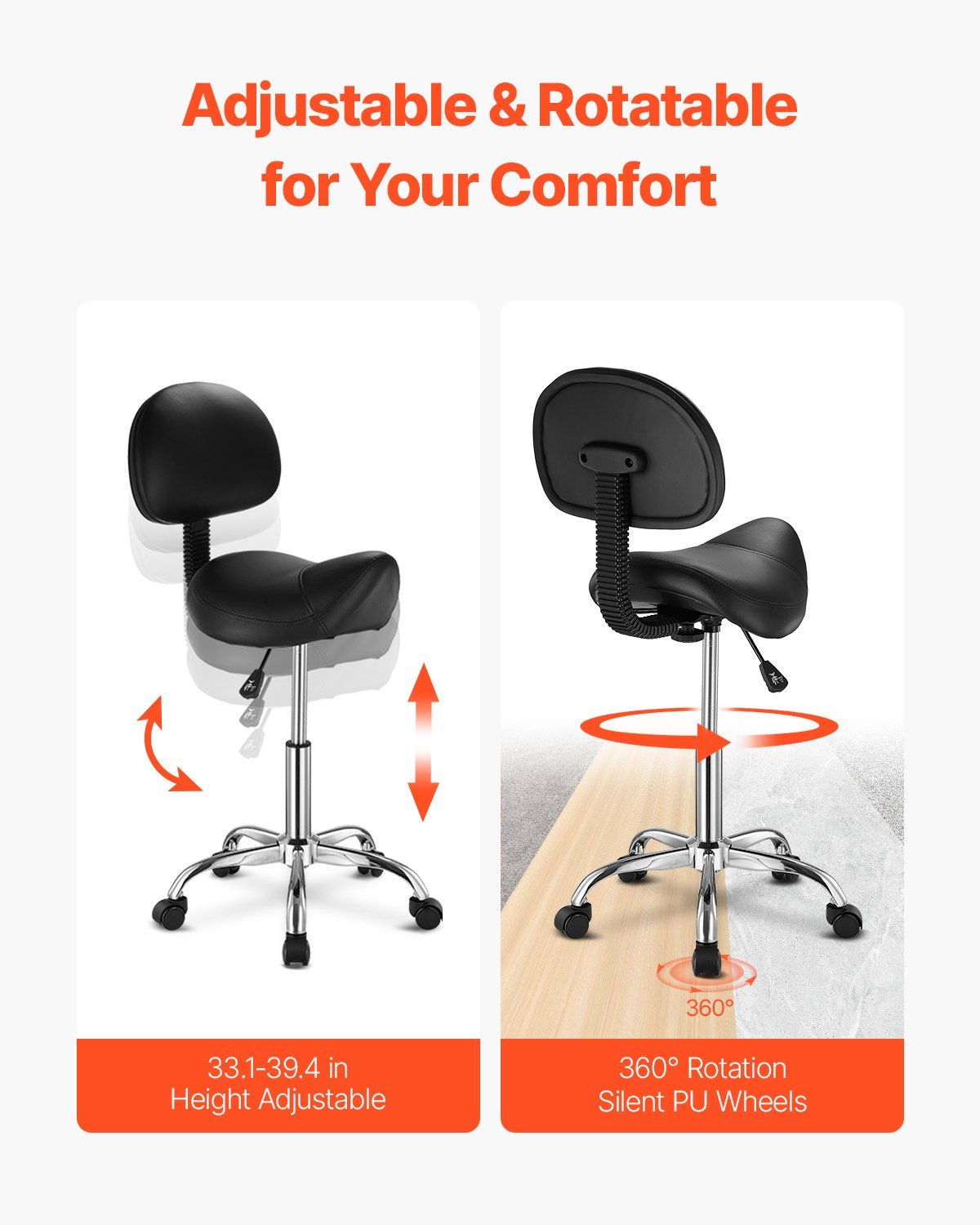 Saddle Rolling Stool, PU Leather Rolling Stool with Backrest, 360° Swivel Drafting Stool with Thickened Cushion, Height Adjustable Rolling Work SPA Stool, for Office, Home, Salon & Bar, Black