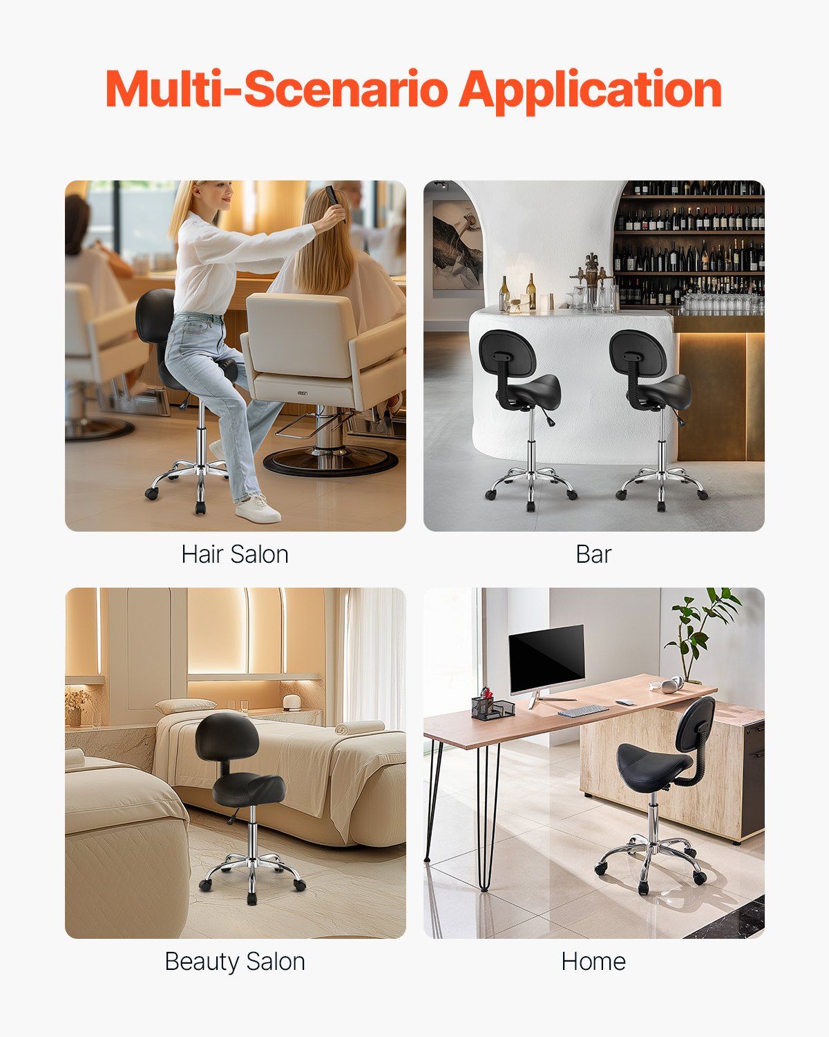 Saddle Rolling Stool, PU Leather Rolling Stool with Backrest, 360° Swivel Drafting Stool with Thickened Cushion, Height Adjustable Rolling Work SPA Stool, for Office, Home, Salon & Bar, Black