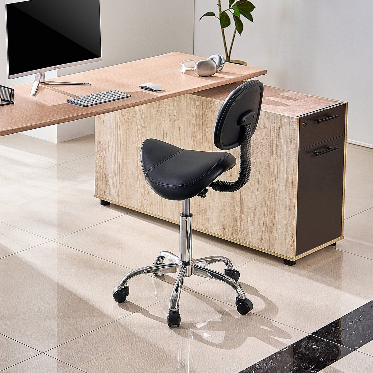 Saddle Rolling Stool, PU Leather Rolling Stool with Backrest, 360° Swivel Drafting Stool with Thickened Cushion, Height Adjustable Rolling Work SPA Stool, for Office, Home, Salon & Bar, Black
