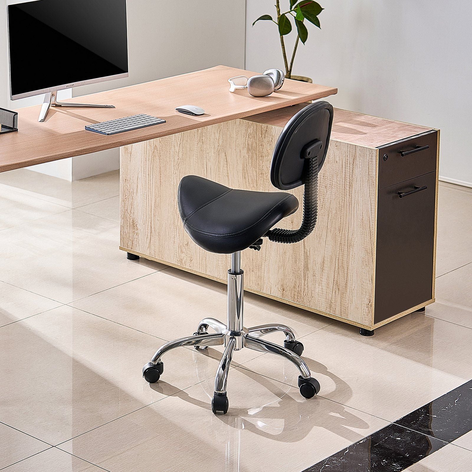 Saddle Rolling Stool, PU Leather Rolling Stool with Backrest, 360° Swivel Drafting Stool with Thickened Cushion, Height Adjustable Rolling Work SPA Stool, for Office, Home, Salon & Bar, Black