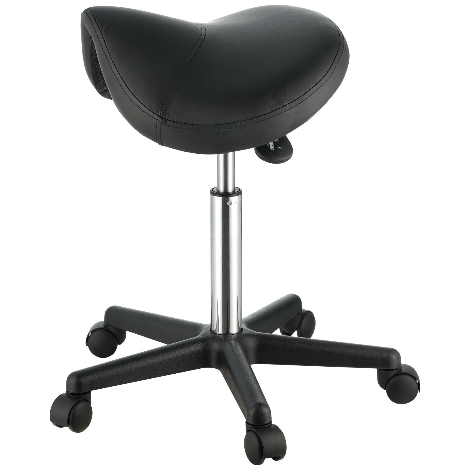 VEVOR Saddle Stool with Wheels, 400 LBS Weight Capacity Ergonomic Rolling Saddle Stool, Height Adjustable Thickened PU Leather Swivel Saddle Stools Chair for Salon, Spa, Tattoo, Clinic, Black