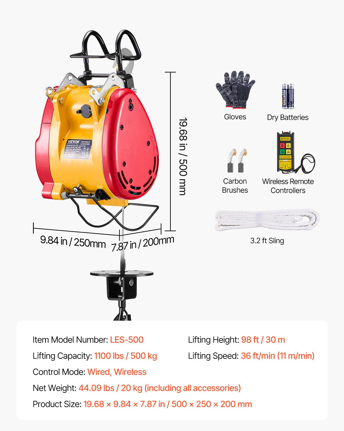 VEVOR 2-in-1 Electric Hoist Winch, 500 KG Capacity, 1800W Portable Power Winch, 30 m Lifting Height, 11 m/min with Wire and Wireless Remote Control, for Garage, Warehouse, Factory Lifting Towing