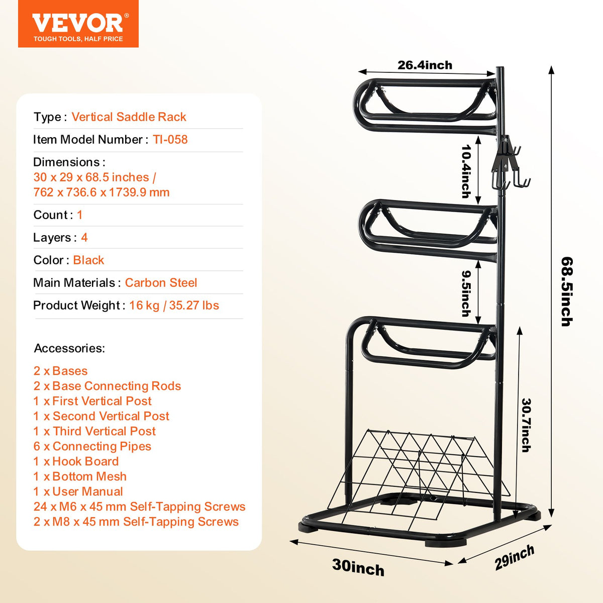 VEVOR Freestanding Saddle Stand, 30 x 30 x 68.5 in, 3 Tiers Saddle Rack, Heavy Duty Saddle Blanket Holder with Removable & Rotating Tiers, English & Western Saddle Rack for Tack Room Organization