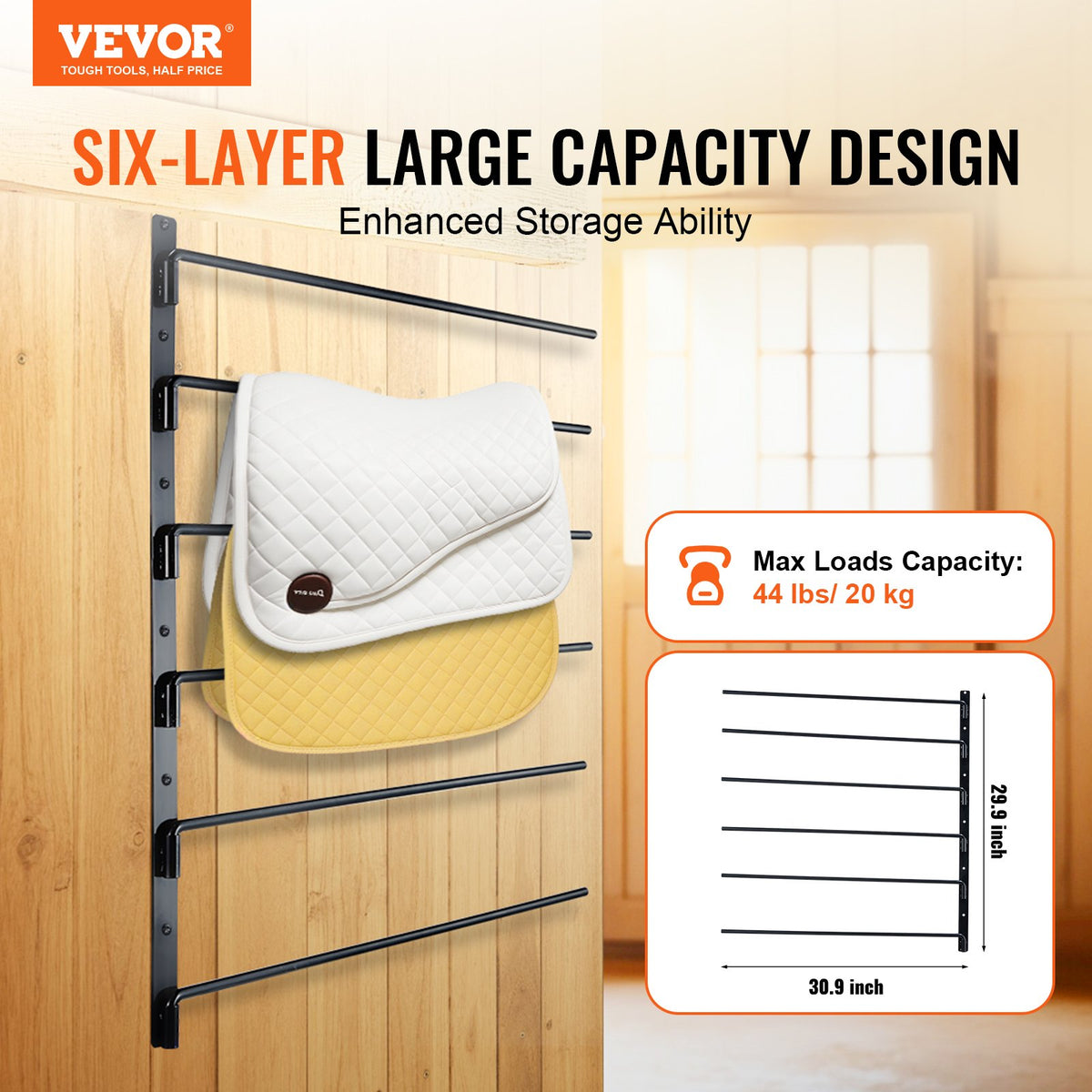 VEVOR Wall Mounted Saddle Rack, 30.9 x 29.9 x 5.5 in, Swing Out Saddle Holder, Six Tiers Horse Saddle Stand, Space Saving Horse Pad and Blanket Rack for Tack Room Organization Trailer Accessories