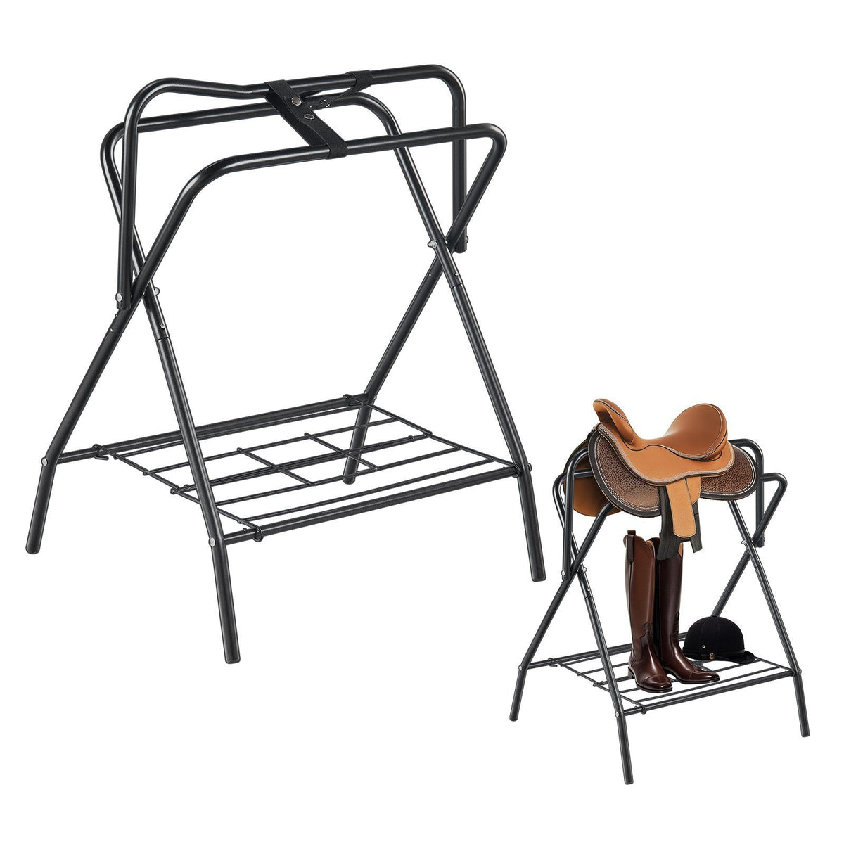 Folding Saddle Rack, 28 x 19 x 37.5 in, 2 Packs Freestanding Horse Saddle Stand, Portable Horse Blanket Holder, Heavy Duty Steel Saddle Rack for English &amp; Western Saddles, Tack Storage, Black