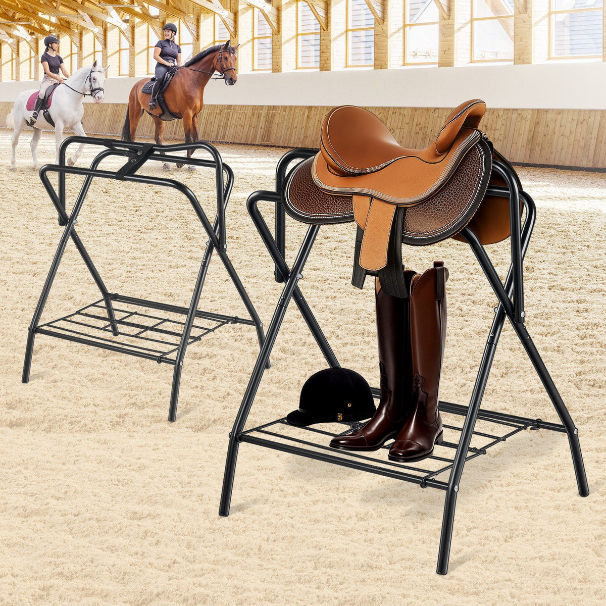 Folding Saddle Rack, 28 x 19 x 37.5 in, 2 Packs Freestanding Horse Saddle Stand, Portable Horse Blanket Holder, Heavy Duty Steel Saddle Rack for English & Western Saddles, Tack Storage, Black